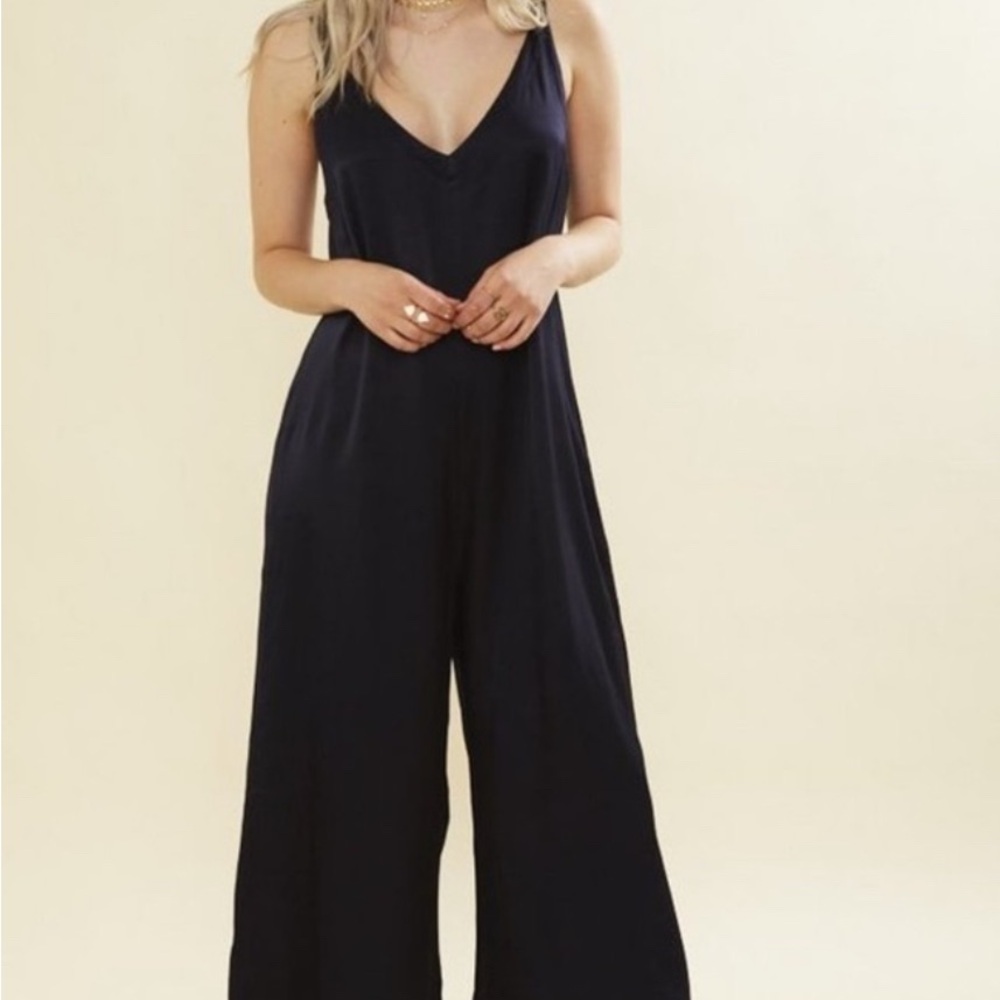 Wide-Leg Silk LACAUSA Jumpsuit in Dark Navy Blue
